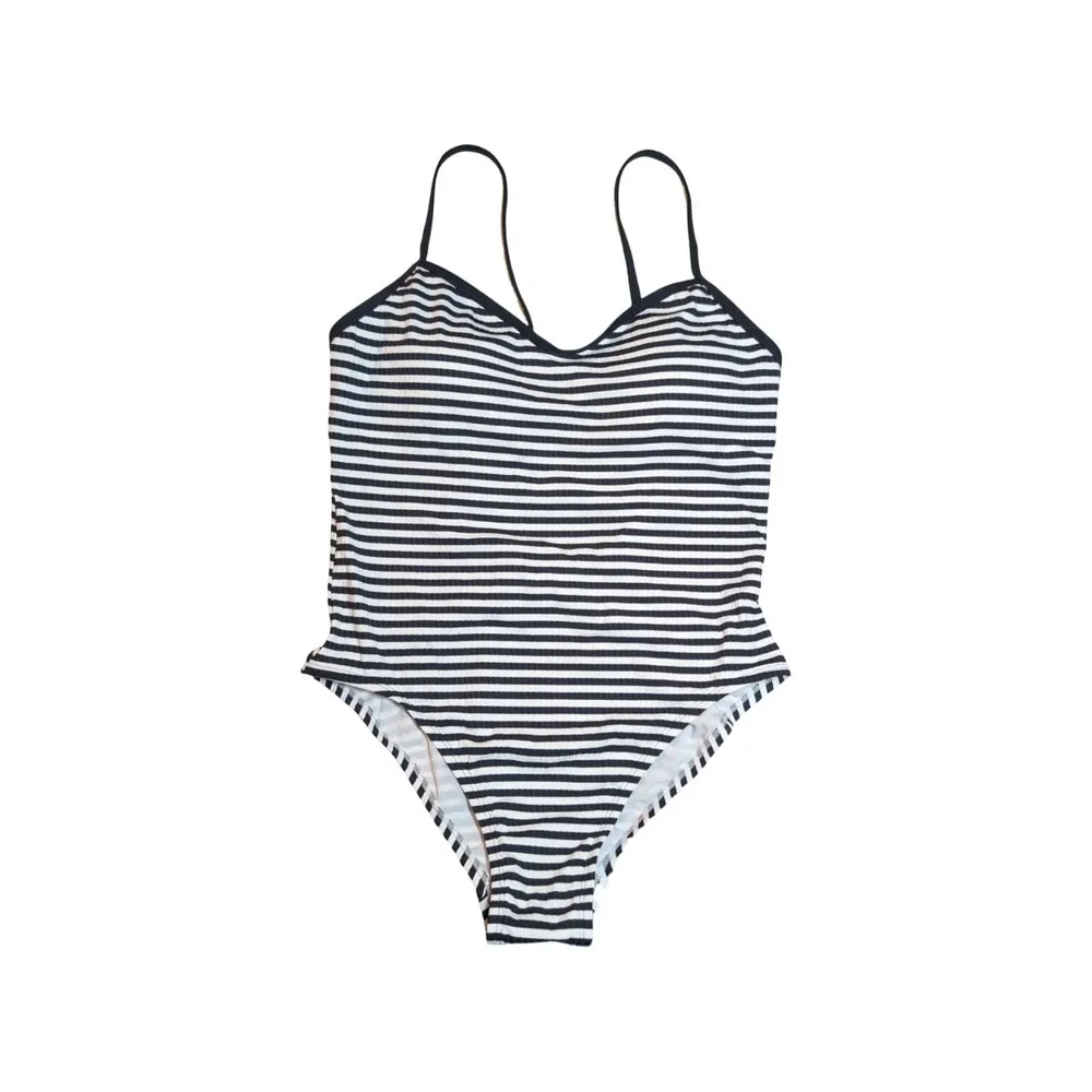 ⭐D4 Shade & Shore Black White Stripe Ribbed One Piece Swimsuit - Size L